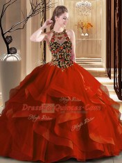 Scoop Backless Rust Red Sleeveless Brush Train Embroidery and Ruffles Vestidos de Quinceanera