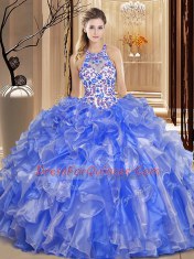 Scoop Embroidery and Ruffles Sweet 16 Dresses Blue Backless Sleeveless Floor Length