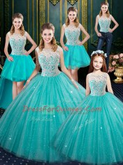 Hot Selling Lace Quinceanera Gowns Aqua Blue Lace Up Sleeveless Floor Length