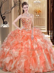 Orange Sleeveless Organza Lace Up Quinceanera Gowns for Prom and Military Ball and Sweet 16 and Quinceanera