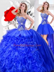 Lovely Three Piece Sweetheart Sleeveless Organza Sweet 16 Quinceanera Dress Beading and Ruffles Lace Up