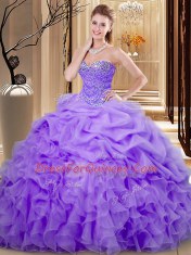 Organza Sweetheart Sleeveless Lace Up Beading and Ruffles and Pick Ups Quinceanera Dress in Lavender
