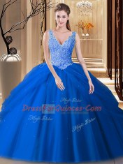 Unique Sleeveless Tulle Floor Length Backless Sweet 16 Dresses in Blue with Lace and Pick Ups