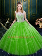 Perfect Tulle High-neck Sleeveless Zipper Lace Quince Ball Gowns in