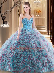 Captivating Fabric With Rolling Flowers Sweetheart Sleeveless Brush Train Lace Up Embroidery and Ruffles 15th Birthday Dress in Multi-color