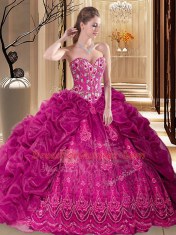 Fuchsia Sleeveless Court Train Embroidery and Pick Ups Quince Ball Gowns