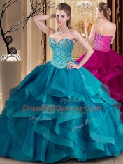 Traditional Teal Ball Gowns Beading and Ruffles Sweet 16 Dress Lace Up Tulle Sleeveless Floor Length