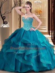 Traditional Teal Ball Gowns Beading and Ruffles Sweet 16 Dress Lace Up Tulle Sleeveless Floor Length