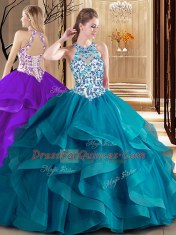 Teal Sweet 16 Dresses Scoop Sleeveless Brush Train Lace Up