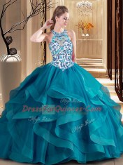 Teal Sweet 16 Dresses Scoop Sleeveless Brush Train Lace Up