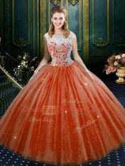 Colorful Orange Red Ball Gowns High-neck Sleeveless Tulle Floor Length Zipper Lace Quinceanera Dress