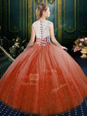 Colorful Orange Red Ball Gowns High-neck Sleeveless Tulle Floor Length Zipper Lace Quinceanera Dress