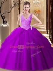 Pretty Purple Ball Gowns V-neck Sleeveless Tulle Floor Length Backless Appliques and Pick Ups Quinceanera Gowns