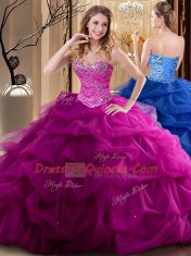 Low Price Fuchsia Sweetheart Lace Up Beading and Ruffles Sweet 16 Dress Sleeveless