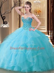 Sleeveless Tulle Floor Length Lace Up Quinceanera Dress in Aqua Blue with Beading
