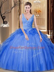 Exquisite Sleeveless Floor Length Sequins and Pick Ups Backless Quinceanera Gown with Royal Blue