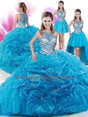 Custom Made Four Piece Pick Ups Aqua Blue Sleeveless Organza Court Train Zipper Quinceanera Gowns for Military Ball and Sweet 16 and Quinceanera