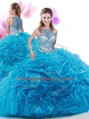 Custom Made Four Piece Pick Ups Aqua Blue Sleeveless Organza Court Train Zipper Quinceanera Gowns for Military Ball and Sweet 16 and Quinceanera