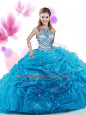 Custom Made Four Piece Pick Ups Aqua Blue Sleeveless Organza Court Train Zipper Quinceanera Gowns for Military Ball and Sweet 16 and Quinceanera
