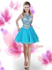 Custom Made Four Piece Pick Ups Aqua Blue Sleeveless Organza Court Train Zipper Quinceanera Gowns for Military Ball and Sweet 16 and Quinceanera