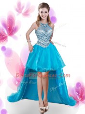 Custom Made Four Piece Pick Ups Aqua Blue Sleeveless Organza Court Train Zipper Quinceanera Gowns for Military Ball and Sweet 16 and Quinceanera