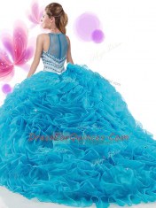 Custom Made Four Piece Pick Ups Aqua Blue Sleeveless Organza Court Train Zipper Quinceanera Gowns for Military Ball and Sweet 16 and Quinceanera