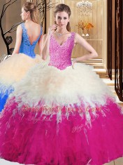 Floor Length Zipper Quinceanera Gowns Multi-color for Military Ball and Sweet 16 and Quinceanera with Lace and Appliques and Ruffles