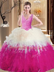 Floor Length Zipper Quinceanera Gowns Multi-color for Military Ball and Sweet 16 and Quinceanera with Lace and Appliques and Ruffles