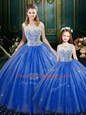 Superior Royal Blue High-neck Zipper Lace 15 Quinceanera Dress Sleeveless
