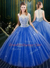 Superior Royal Blue High-neck Zipper Lace 15 Quinceanera Dress Sleeveless
