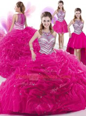 Luxurious Four Piece Sleeveless Floor Length Beading and Pick Ups Zipper Sweet 16 Dress with Hot Pink
