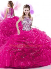 Luxurious Four Piece Sleeveless Floor Length Beading and Pick Ups Zipper Sweet 16 Dress with Hot Pink