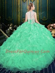 Scoop Zipper Quince Ball Gowns Green for Military Ball and Sweet 16 and Quinceanera with Appliques and Ruffles Brush Train