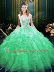 Scoop Zipper Quince Ball Gowns Green for Military Ball and Sweet 16 and Quinceanera with Appliques and Ruffles Brush Train