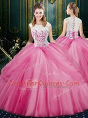 Four Piece Scoop Pick Ups Rose Pink Sleeveless Tulle Zipper 15 Quinceanera Dress for Military Ball and Sweet 16 and Quinceanera