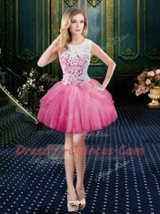 Four Piece Scoop Pick Ups Rose Pink Sleeveless Tulle Zipper 15 Quinceanera Dress for Military Ball and Sweet 16 and Quinceanera