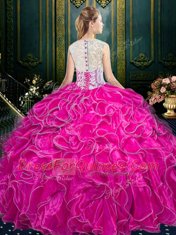 Spectacular Scoop Sleeveless Quinceanera Dress Floor Length Lace and Ruffles Fuchsia Organza
