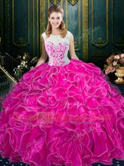 Spectacular Scoop Sleeveless Quinceanera Dress Floor Length Lace and Ruffles Fuchsia Organza