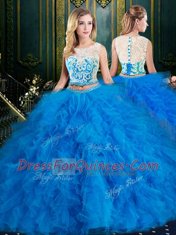 Inexpensive Blue Zipper Scoop Lace and Ruffles Quinceanera Dresses Tulle Sleeveless