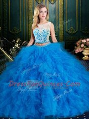 Inexpensive Blue Zipper Scoop Lace and Ruffles Quinceanera Dresses Tulle Sleeveless