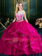 Scoop Lace and Ruffles 15 Quinceanera Dress Fuchsia Lace Up Sleeveless With Brush Train