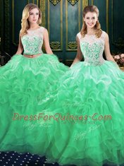 High Class Green Scoop Neckline Lace and Ruffles Quinceanera Dress Sleeveless Lace Up