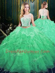 Eye-catching Scoop Green Zipper Quinceanera Gown Lace and Appliques and Ruffles Sleeveless Court Train