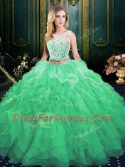 Eye-catching Scoop Green Zipper Quinceanera Gown Lace and Appliques and Ruffles Sleeveless Court Train