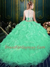 Eye-catching Scoop Green Zipper Quinceanera Gown Lace and Appliques and Ruffles Sleeveless Court Train