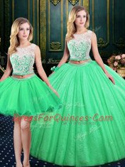 Great Three Piece Scoop Sleeveless Floor Length Lace and Sequins Lace Up 15 Quinceanera Dress