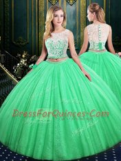 Great Three Piece Scoop Sleeveless Floor Length Lace and Sequins Lace Up 15 Quinceanera Dress