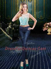 Stylish Four Piece Blue Ball Gown Prom Dress Military Ball and Sweet 16 and Quinceanera and For with Lace and Sequins Scoop Sleeveless Lace Up