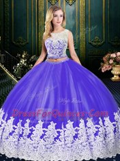 Purple Scoop Neckline Lace and Appliques Sweet 16 Dress Sleeveless Zipper