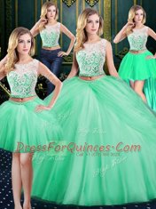 Modern Four Piece Pick Ups Ball Gowns 15 Quinceanera Dress Apple Green Scoop Tulle Sleeveless Floor Length Zipper